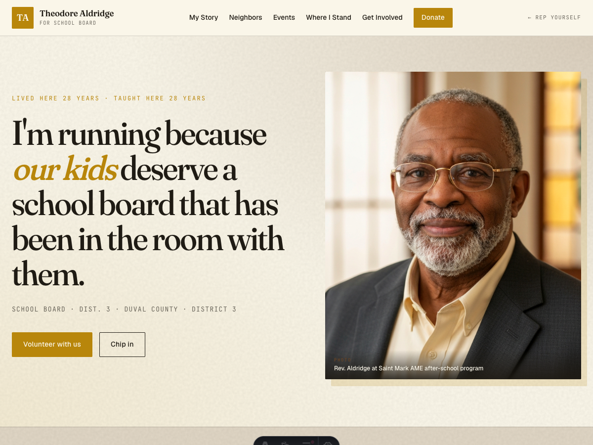 Rev. Theodore Aldridge campaign site preview